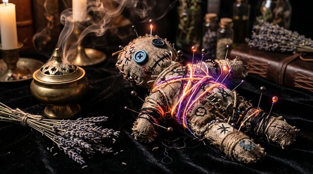 Voodoo doll with magic glowing threads on altar surrounded by candles, mystical