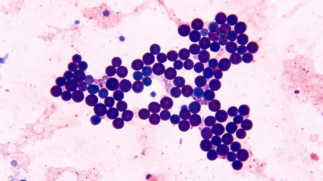 Pathogenic microbe colony: Staphylococcus bacterium, coccus form, cellular organism, infection cause, grape cluster, magnify view, purple stain, biological observation, medical science, germ cell.