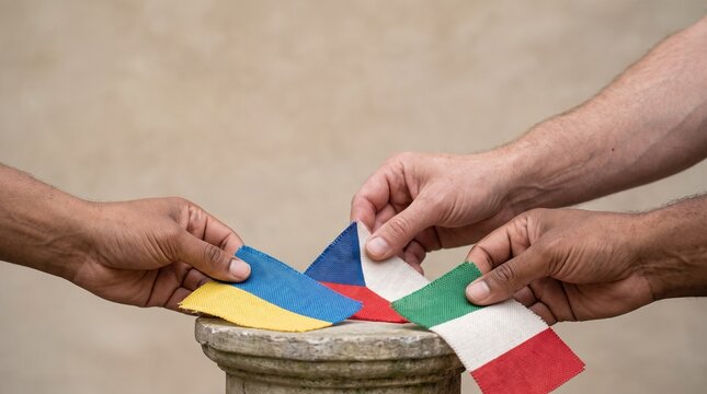 Diverse hands holding small national flags of different countries together in a gesture of international unity and global peace