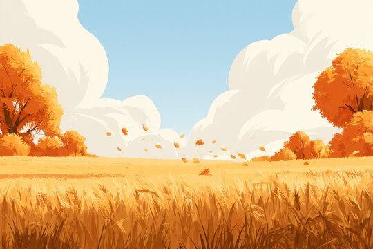 Golden wheat field under a cloudy autumn sky with falling leaves