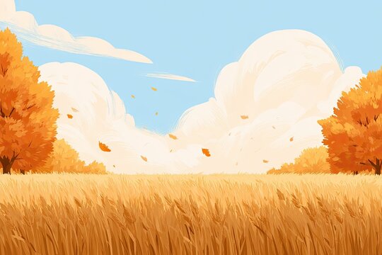 Golden wheat field under a vast sky with fluffy clouds and autumn trees