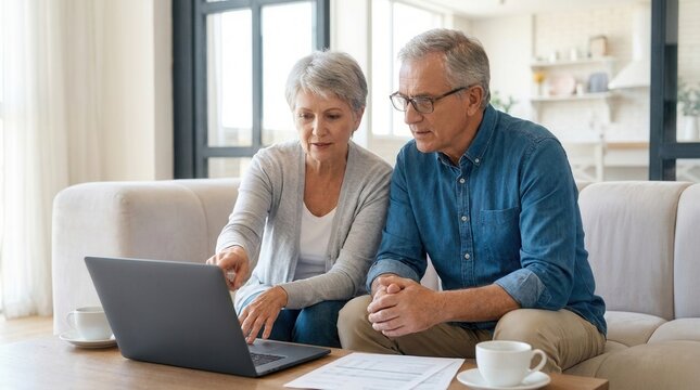 An elderly couple in a living room with documents, planning retirement and investments on a laptop.