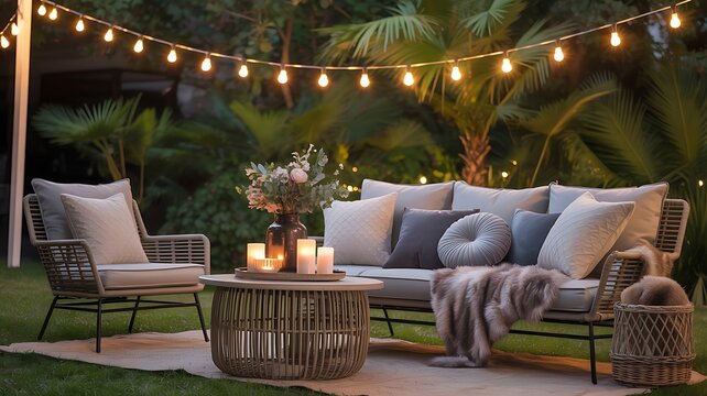 Cozy outdoor patio set with string lights and winter decor