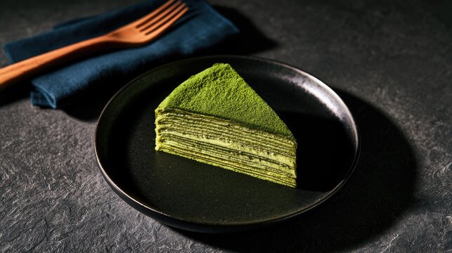 Slice of layered green tea crepe cake dusted with matcha powder