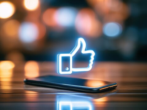 Glowing neon like thumbs up icon floating above mobile phone on desk. Social media marketing, digital smartphone feedback optimization, approval engagement. SMM, viral content, and online endorsements