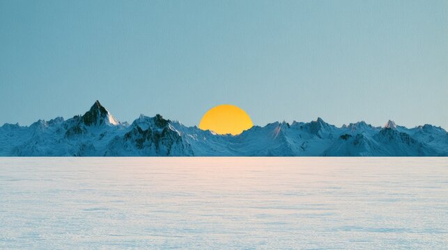 Snowy horizon under a radiant orange sun, flanked by jagged peaks