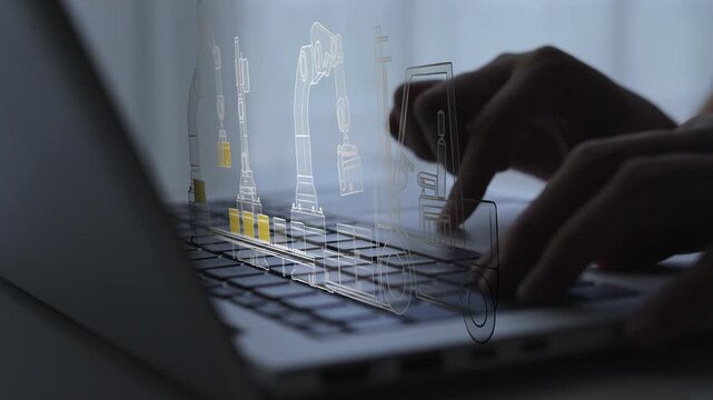 Industrial verification and automation with hands using laptop and robotic arm interface, trusted, check mark, smart manufacturing, engineering, robotics, digital control, Industry 4.0 technology.