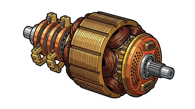 Detailed illustration of a copper electric motor rotor and stator assembly for industrial power generation machinery