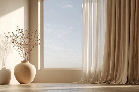 Soft, sunlit interior with draped curtains, a large window, and a vase of dried plants