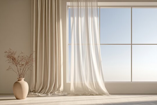 Soft light illuminates a beige vase with dried reeds beside cream curtains