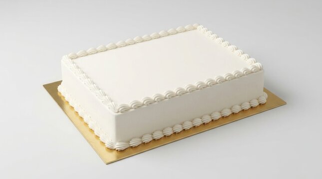 White frosting borders on a blank rectangular cake sitting on a gold board, perfect for custom images and celebratory text.