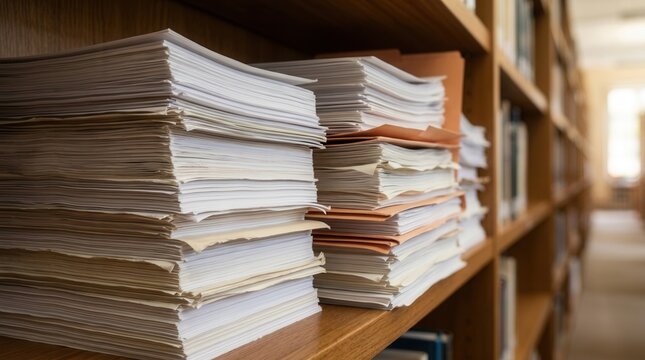 Information storage and knowledge base featuring paper documents in library shelves