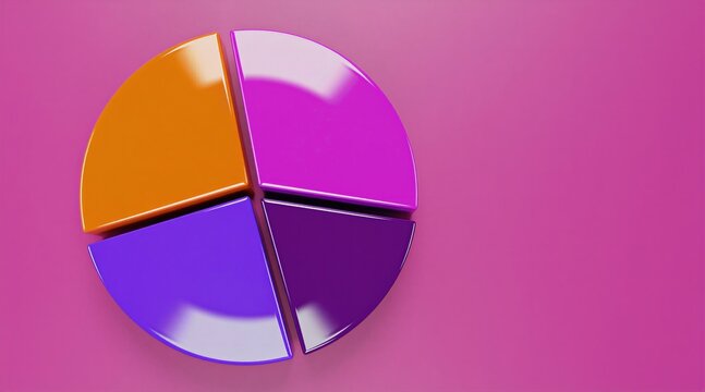 Glossy pie chart segments in orange purple and pink colors shown on pink background. Abstract concept for business finance data analysis and strategy.