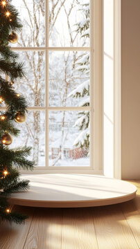 Christmas tree by a window overlooking a snowy winter scene, featuring a circular podium on a sunlit wooden floor