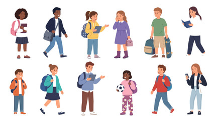 Fototapeta premium Diverse group of school children with backpacks and books in flat vector illustration style