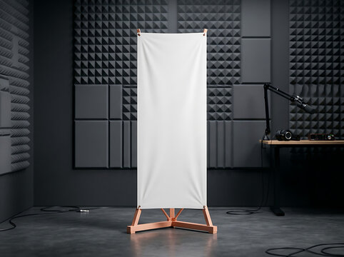 Blank White Banner Displayed on Wooden Easel in Soundproof Recording Studio
