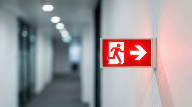 Modern building hallway featuring an illuminated red emergency exit sign with right arrow and running man icon for safety compliance.