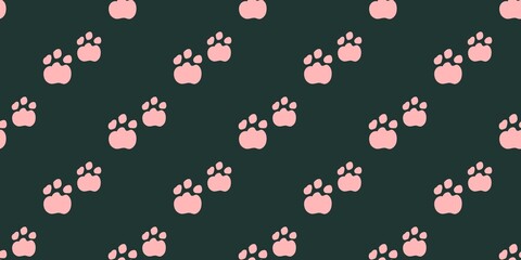 A dark teal background featuring a repeating pattern of light pink animal paw prints. Perfect for stylish pet accessories and baby products. © Dunzz