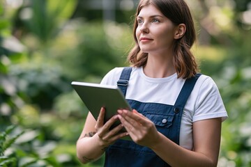 Fototapeta premium Young woman in denim overalls holding a tablet computer in a lush green botanical garden, looking up thoughtfully