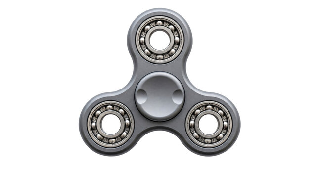 Fidget spinner toy. Metallic grey tri-spinner with steel ball bearings. Isolated on white