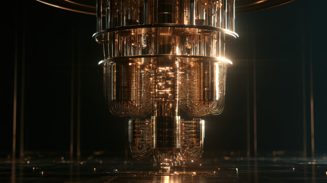 Glowing quantum computing processor core with futuristic golden circuit lattice in dark lab