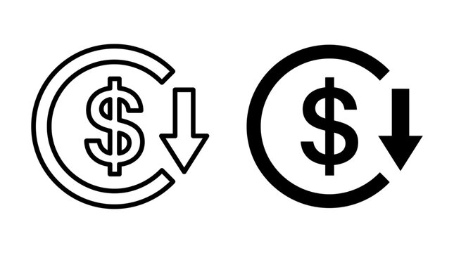 Dollar sign with downward arrow icon black and white outline style