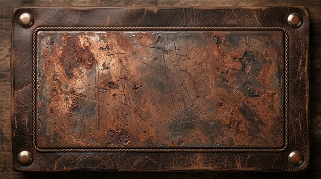Dark leather frame surrounding an old weathered metal plate background with cracks