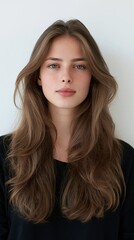 Fototapeta premium Portrait of a young woman with long, wavy brown hair and striking blue eyes, looking directly at the camera with a neutral expression.