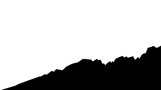 Minimalist black and white graphic silhouette of a rugged mountain range against a clean white background