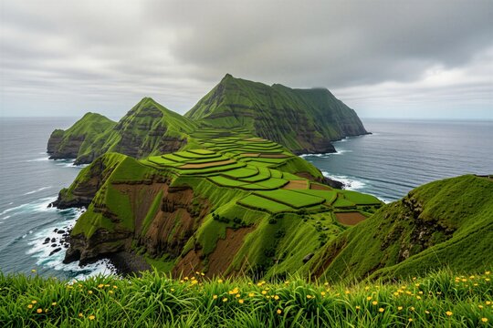 Green mountain ridges meet Atlantic ocean waves on Azores island. Steep volcanic hills feature agricultural terraces overlooking sea water. Clouds hang over high peaks during summer day. Wild flowers