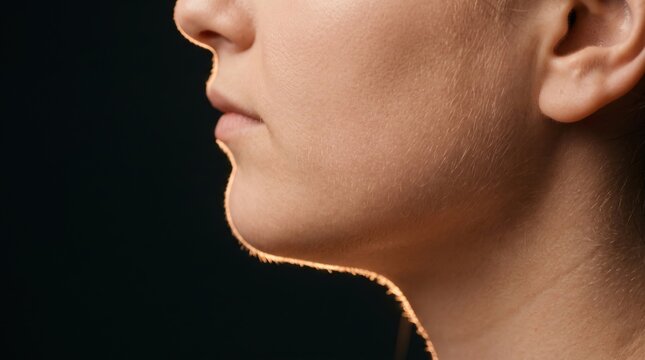 Macro profile close up of woman face jawline showing fine vellus peach fuzz hair