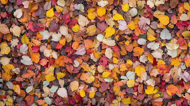 Dense carpet of richly colored autumn leaves: vibrant yellows, oranges, reds, and browns covering the ground in a natural pattern