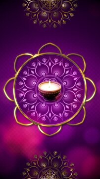Vertical Diwali festival background with ornate Indian mandala, golden decorative elements, vibrant purple and gold luxury backdrop, festive celebration design with copy space for invitations