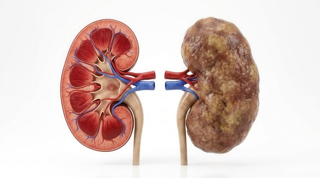 Comparison of healthy internal structure and diseased tissue in realistic human kidney anatomy.
