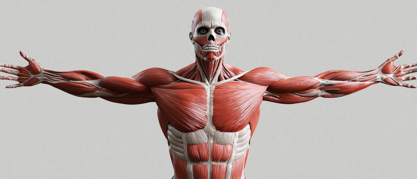Detailed human anatomical model showing exposed red muscles, white tendons, and skull, with arms outstretched on a light grey background