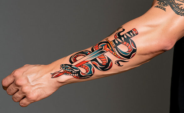 Forearm with colorful geometric number tattoo sleeve, tattoo