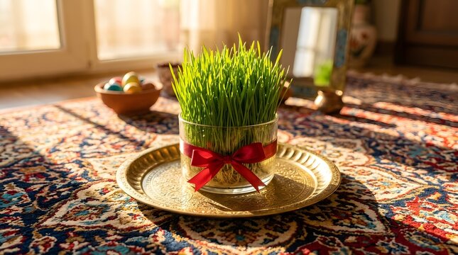 Sabzeh sprouts in a glass bowl with a red ribbon on a golden tray, traditional nowruz decoration