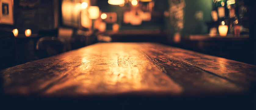 Detailed wooden table surface in focus, bathed in warm amber light, against a softly blurred, inviting bar or pub background with bokeh