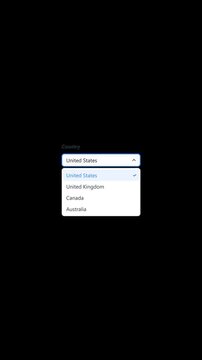 UI dropdown select menu animation vertical, country picker alpha
