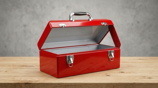 Sturdy, classic design of an empty red metal toolbox open on a wooden surface.