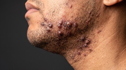Naklejka premium Severe pseudofolliculitis barbae with inflamed razor bumps and ingrown hairs on male jawline