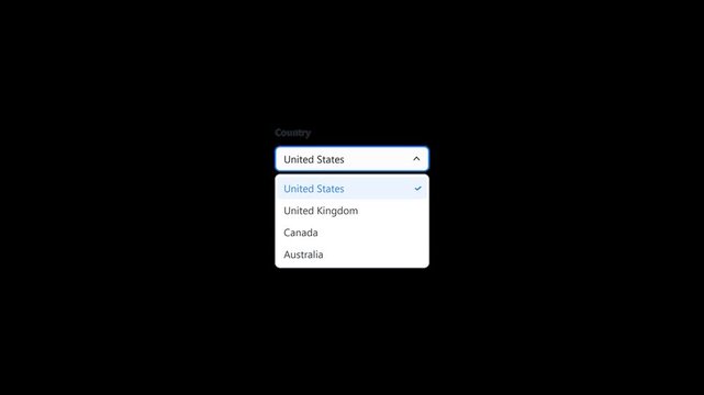 UI dropdown select menu animation, country picker transparent