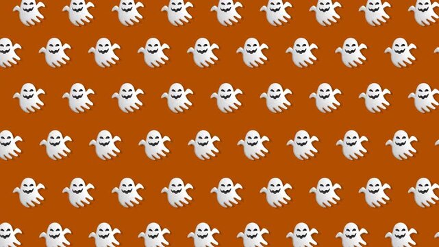 Spooky Halloween Ghost Pattern Animation on Orange Background.