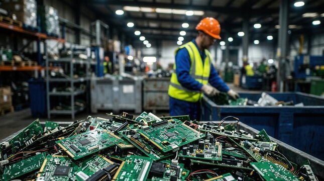 Tech waste management and sustainability featuring a worker in a yellow vest and orange hard hat sorting a pile of discarded electronic circuit boards.