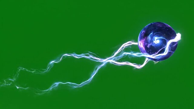 Energy ball with electric lightning trails on green screen
