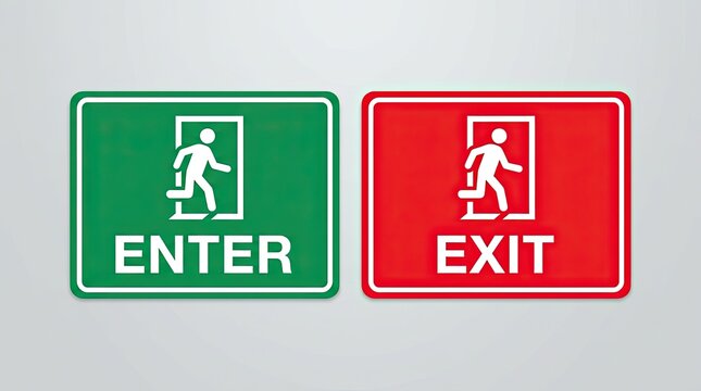 Green and red signs for safety and emergency indicating enter and exit directions for building evacuation and public navigation