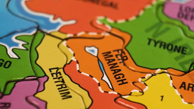 Ireland and Scotland Map of Puzzle Blocks with Cities Belfast, Glasgow, Dundee,, Close-Up Video Background, Dolly Camera Move From Left to Right..