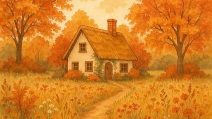 Naklejka premium Charming autumn cottage desktop wallpaper