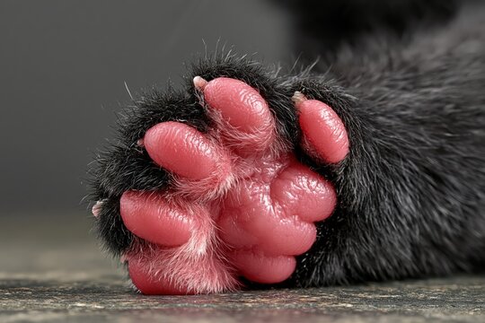 Black cat paw macro shot showing pink toe beans and soft fur details