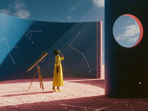 Woman in yellow dress observing constellations with telescope in surreal celestial observatory